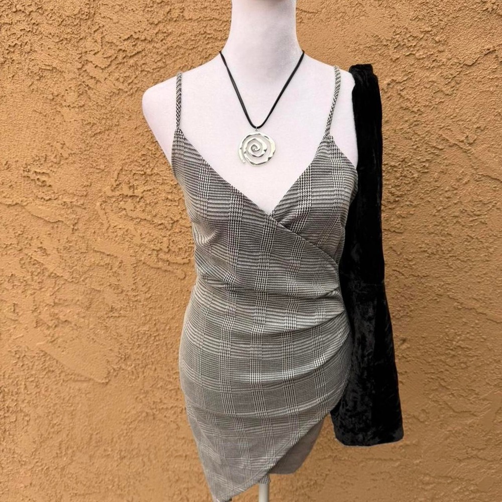 Grey & black plaid mini bodycon dress with a wrap detail
